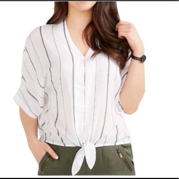 REITMANS Stripe Dolman Tie Front Blouse/Top With Crop Sleeves Ivory Size Small - Picture 1 of 8